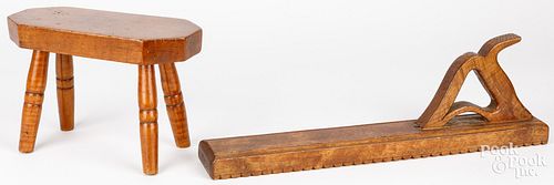 Wooden mangle, together with a tiger maple stool
