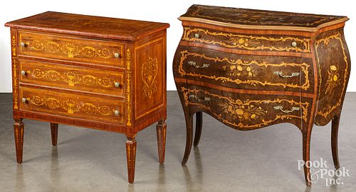 Two marquetry inlaid chest of drawers, 20th c.