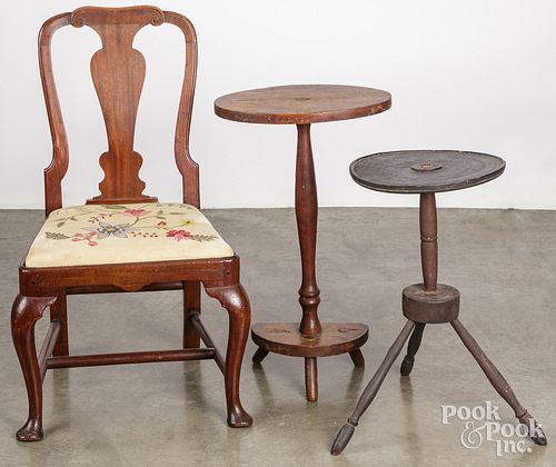 Two primitive candlestands, 19th c. and a chair