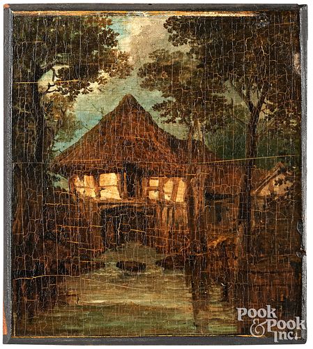English oil on panel of a thatched mill building