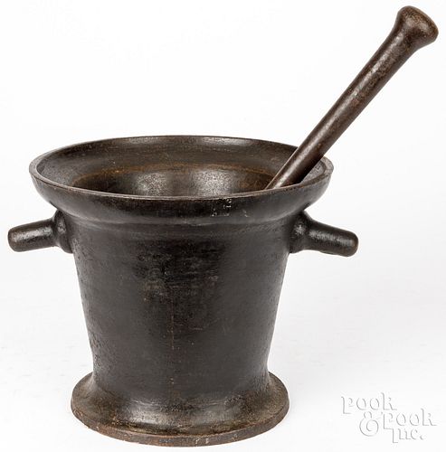Massive cast iron mortar and pestle, early 19th c.