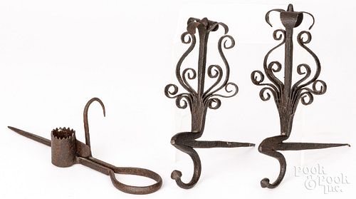 Pair of wrought iron betty lamp jam hooks, 19th c.