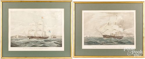 Two English colored engravings of ships, 19th c.,