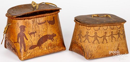 Two Algonquin birch bark mocuck lidded baskets, 19
