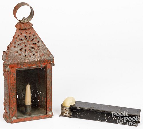 Diminutive punched tin lantern, 19th c., with rema