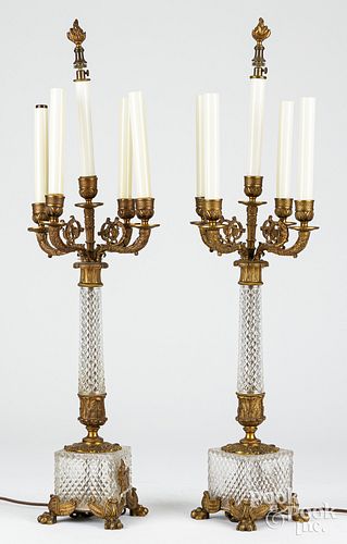 Pair of glass ormolu mounted and bronze table lamp