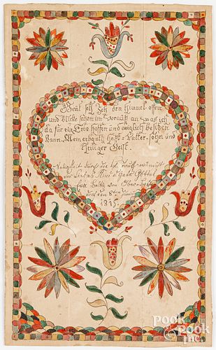 Ink and watercolor fraktur taufschein, dated 1815