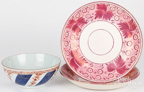 Chinese export bowl and pink lustre shallow bowls