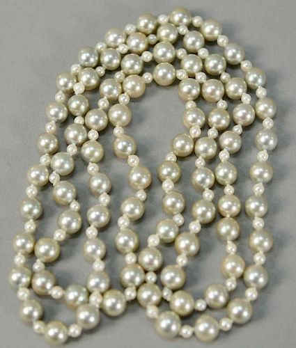 Single strand of cultured pearls, light grey with alternating small white pearls, 7mm and 3.2mm, 36in.