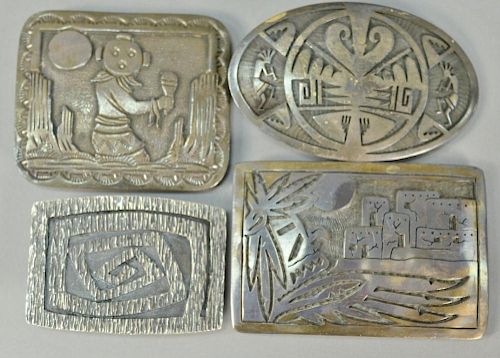 Four Western Navajo Native American Indian sterling silver belt buckles, marked Bet, JR, EHHC, etc. largest: 3 1/4" x 3 1/2",