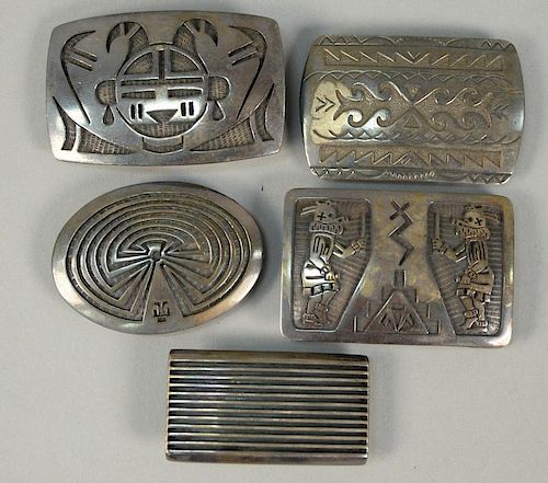 Five sterling silver Navajo Native American Indian belt buckles. largest: 2" x 3", 7.7 t oz.