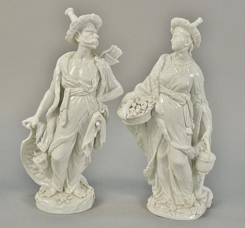 Pair of Blanc de Chine porcelain figures man and woman having cross sword mark on base (some imperfections). ht. 13 1/2in.