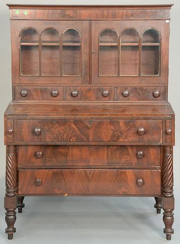 Sheraton mahogany secretary desk in two parts, upper portion with two glazed doors over three drawers set on lower portion wi