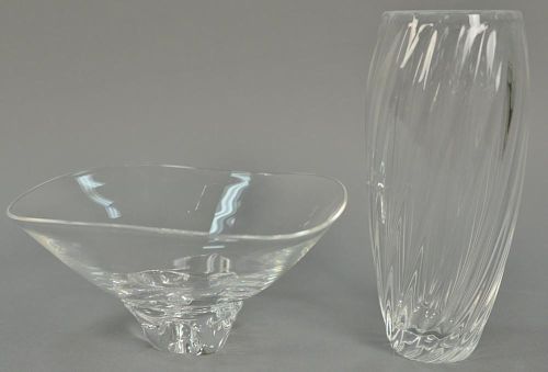 Two Steuben crystal glass pieces to include a twist form vase and a footed bowl, both signed Steuben on bottom. vase: ht. 10i