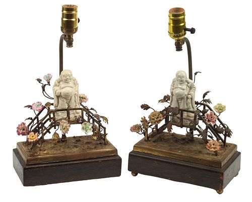 (2) CHINOISERIE BOUDOIR LAMPS WITH BLANC DE CHINE BUDDHIST FIGURE