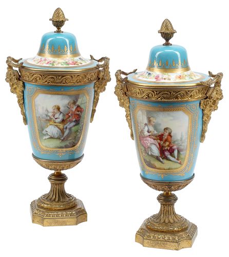 (2) ORMOLU-MOUNTED SEVRES STYLE PORCELAIN VASES & COVERS