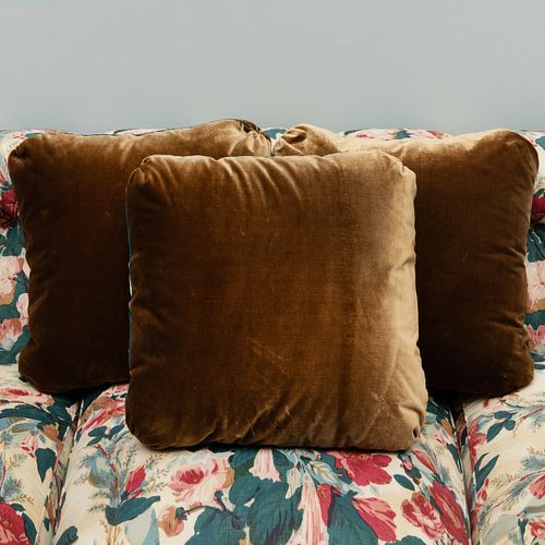 Group of Three Brown Velvet Pillows and One Tiger Lumbar Pillow and One Leopard Lumbar Pillow