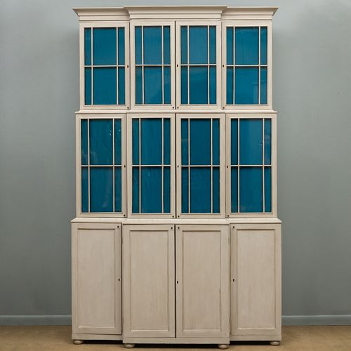 Tall Federal Brass-Mounted Chalky White Painted Mahogany Breakfront Bookcase