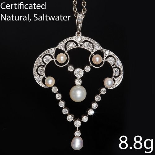 FINE CERTIFICATED  NATURAL SALTWATER PEARL AND DIAMOND BELLE EPOQUE DIAMOND PENDANT