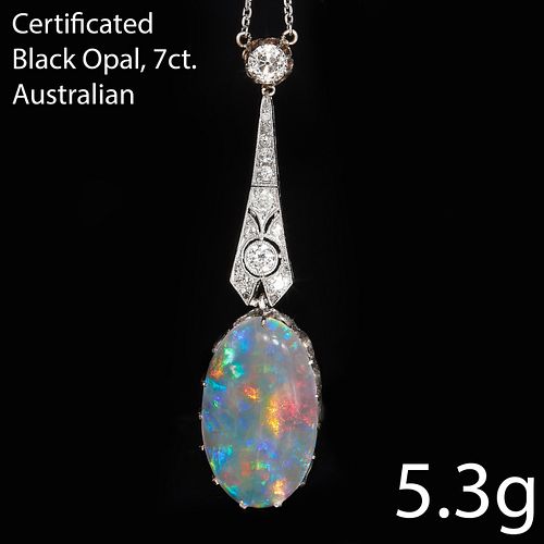 IMPRESSIVE CERTIFICATED AUSTRALIAN BLACK OPAL AND DIAMOND PENDANT
