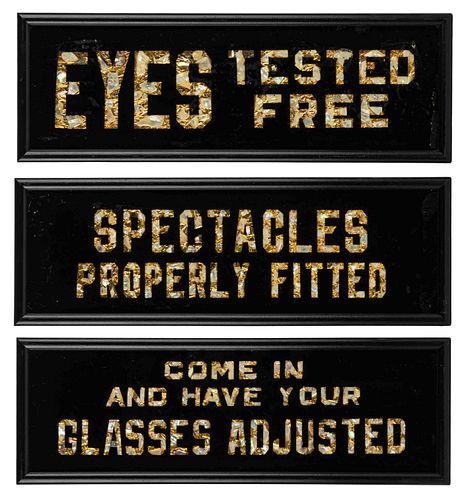 FOIL BACK REVERSE-PAINTED GLASS OPTOMETRIST TRADE SIGNS, LOT OF THREE