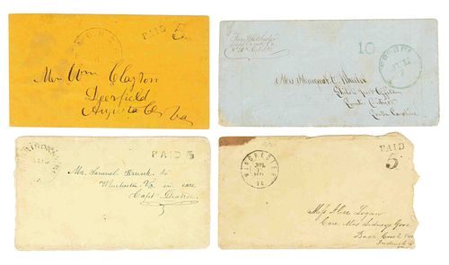 CIVIL WAR CONFEDERATE VIRGINIA STAMPLESS POSTAL COVERS, LOT OF FOUR