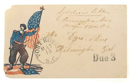 CIVIL WAR UNION PATRIOTIC POSTAL COVER FRANKED BY MAJOR GALUSHA PENNYPACKER