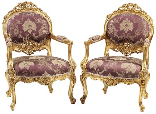 (2) LOUIS XV STYLE GILT & UPHOLSTERED FAUTEUILS 