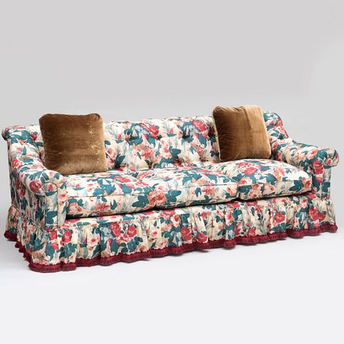 Linen Chintz Tufted Upholstered Three Seat Sofa
