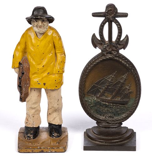 "OLD SALT" WITH FISHING NET FISHERMAN AND BRADLEY AND HUBBARD SHIP CAST-IRON BANKS, LOT OF TWO