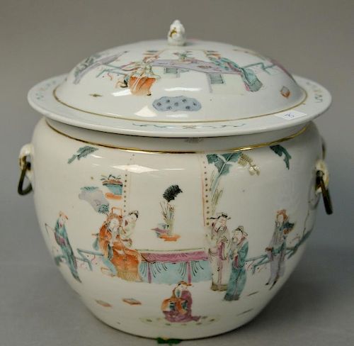 Famille rose porcelain covered pot having hand painted guanyin and scholars, seal mark on bottom. ht. 8in. Provenance: Collec