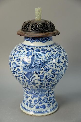 Chinese blue and white Meiping phoenix bird porcelain vase having reticulated carved top with hardstone finial. ht. 18in. Pro
