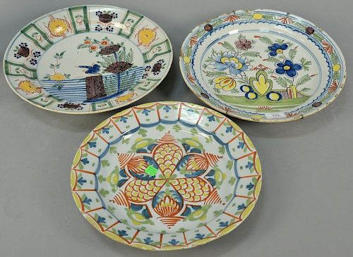 Three Delft Chargers with 4-5 colors 18th century (rim chips) (2) 14in. (1) 13in.