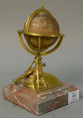 Delamarche (19th century, French) Terrestrial or Terrestre small globe dated 1860 on bronze protractor, map, and telescope ov