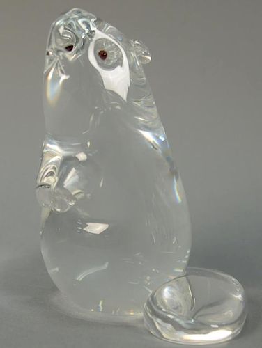 Large Steuben crystal beaver figurine with red glass eyes signed Steuben. ht. 6 1/2in.