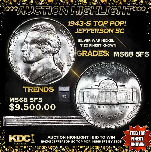 ***Auction Highlight*** 1943-s Jefferson Nickel TOP POP! 5c Graded ms68 5fs BY SEGS (fc)