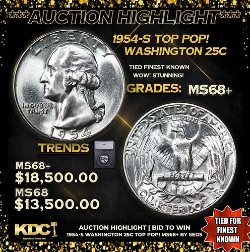 ***Auction Highlight*** 1954-s Washington Quarter TOP POP! 25c Graded ms68+ BY SEGS (fc)
