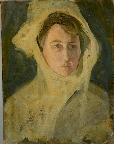 Henry Ossawa Tanner (1859-1937) oil on artist board Portrait of a Woman with a Head Scarf, unsigned, stamped and signed by th