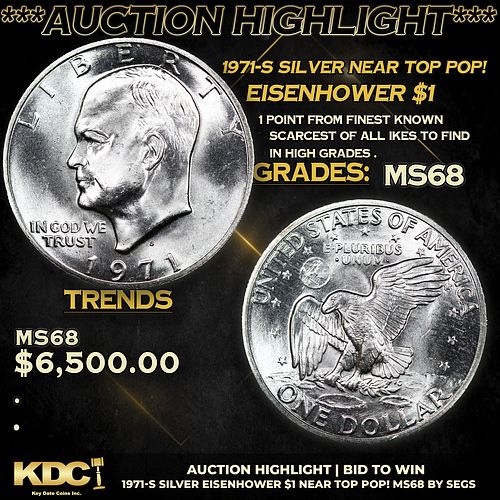 ***Auction Highlight*** 1971-s Silver Eisenhower Dollar Near TOP POP! 1 Graded ms68 BY SEGS (fc)