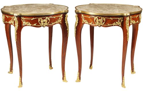 (2) LOUIS XV STYLE ORMOLU-MOUNTED SIDE TABLES WITH MARBLE TOPS