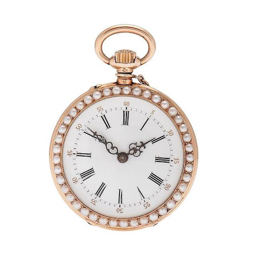 E.A. Thrall Open Face Pendant Watch and Chatelaine in 18 Karat Yellow Gold