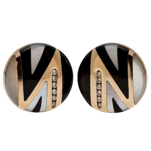 Asch/Grossbardt Diamond, Black Onyx and Mother of Pearl Earrings in 14 Karat Yellow Gold