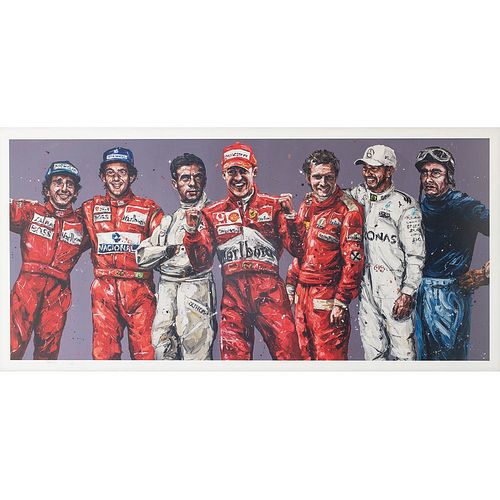 PAUL OZ. SIETE GRANDES PILOTOS. Alain Prost, Ayrton Senna, Jim Clark... Litografía 70 / 70 firmada a lápiz, 54 x 111 cm