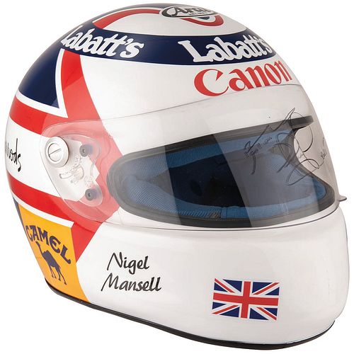 NIGEL MANSELL DISPLAY HELMET WILLIAMS RACING. Con la firma de Nigel Mansell y otra no identificada, en la visera.