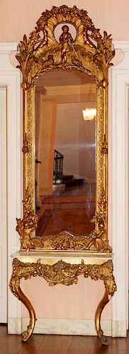 GILT PASTORAL PIER MIRROR AND MARBLE TOP CONSOLE