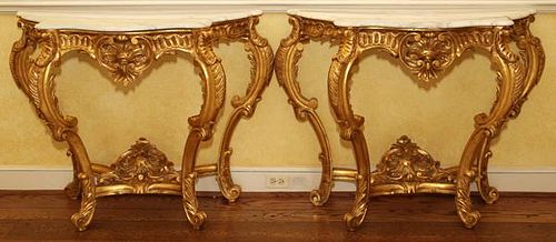 FRENCH ROCOCO STYLE MARBLE TOP CONSOLES PAIR