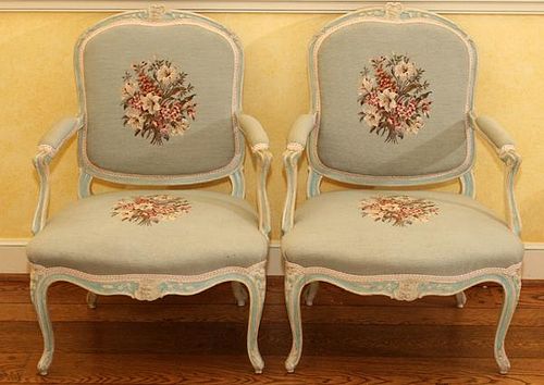 LOUIS XV STYLE UPHOLSTERED WALNUT OPEN ARMCHAIRS