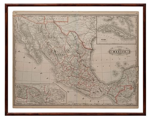 George Franklin Cram. Railroad Map of México. Chicago, ca. 1890. Mapa grabado con detalles coloreados, 44 x 57.6 cm