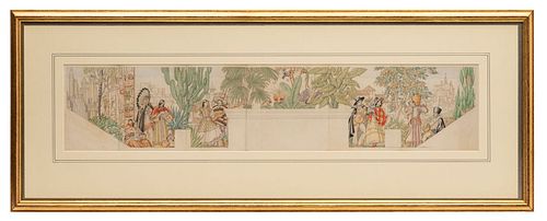 MEREDITH WILLIAM HAWES (INGLATERRA, 1905-1999). ESPAÑA Y LAS AMÉRICAS. Acuarela, gouache y lápiz sobre papel, 14 x 69 cm Firmado.