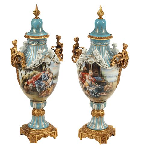 (2) SEVRES STYLE PORCELAIN FIGURAL VASES & COVERS